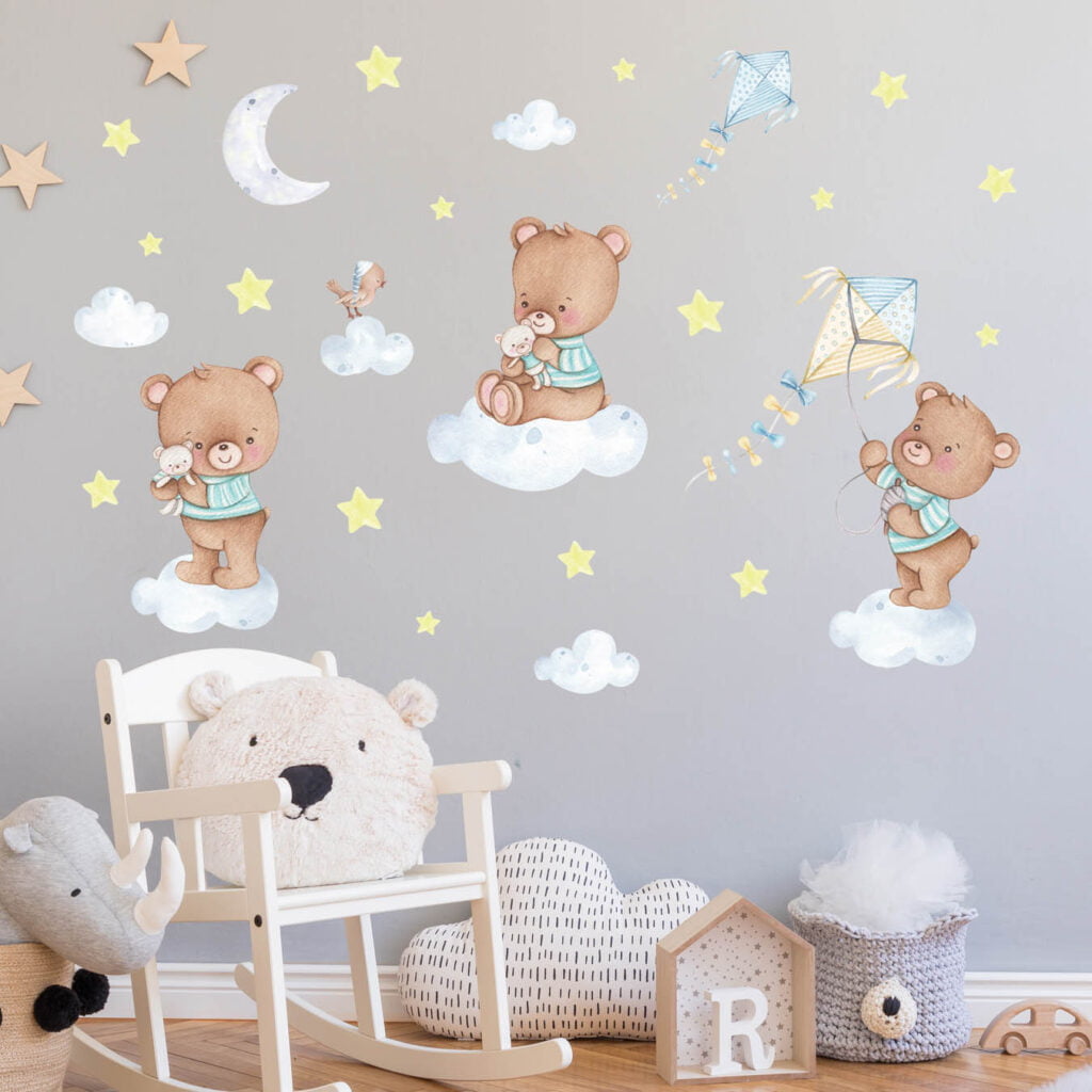 Misie pluszowe - naklejki do pokoju dziecka. Gwiazdki, księżyc